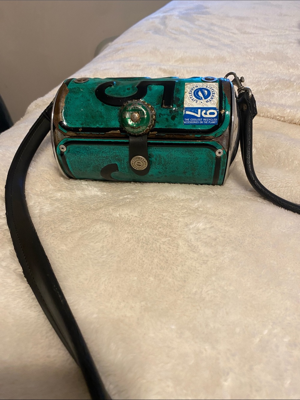 Vintage recycled license plate barrel purse with Black Strap